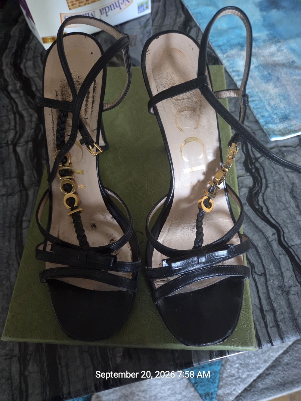 Gucci Black Strappy Leather Heeled Sandals with Gold Gucci Name Hardware